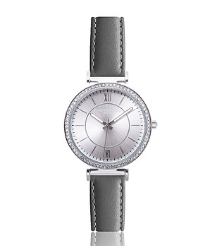 Дамски часовник в сребристо с кожена каишка в сиво Karima снимка