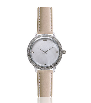 Дамски часовник в сребристо с кожена каишка в цвят крем Edelina снимка