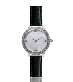 Дамски часовник в сребристо с кожена каишка в черно Aldona снимка