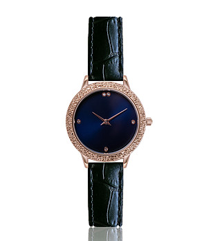 Дамски часовник в розовозлатисто с кожена каишка в черно Radinora снимка
