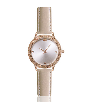 Дамски часовник в розовозлатисто с кожена каишка в цвят крем Karina снимка