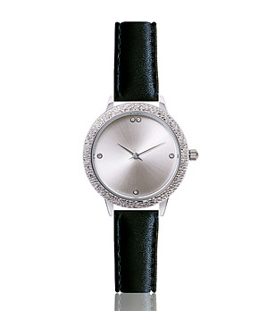 Дамски часовник в сребристо с кожена каишка в черно Abbie снимка