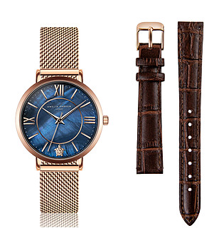 Златист дамски часовник със син циферблат и допълнителна каишка Limara снимка