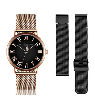 Розовозлатист дамски часовник с черен циферблат и черна верижка Dili снимка