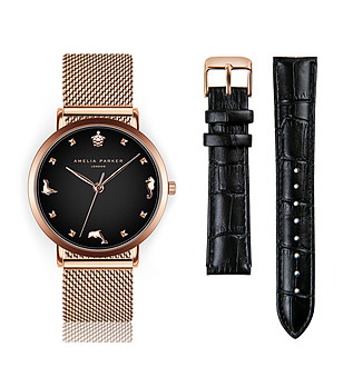 Дамски часовник в розовозлатисто и черно с допълнителна каишка Zyla снимка
