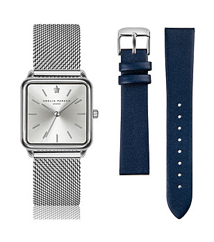 Сребрист дамски часовник с допълнителна синя каишка Emelia снимка