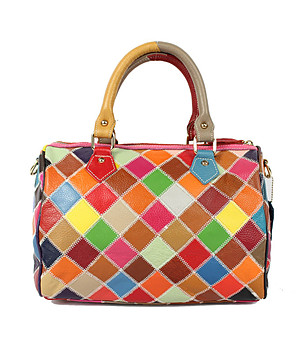 Кожена дамска чанта на многоцветни квадрати Stilia снимка