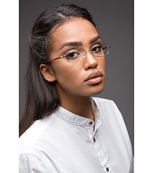 Сребристи дамски рамки за очила с червени дръжки снимка