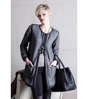 Двулицево дълго дамско сако в сиво и цвят екрю снимка