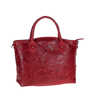 Червена кожена дамска чанта с флорални мотиви Sandy снимка