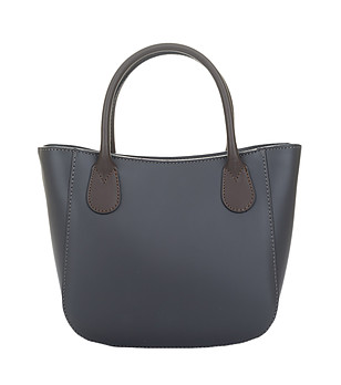 Сива кожена дамска чанта с тъмнокафяви дръжки снимка