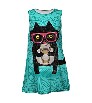 Детска рокля в цвят тюркоаз с принт Coffee cat снимка
