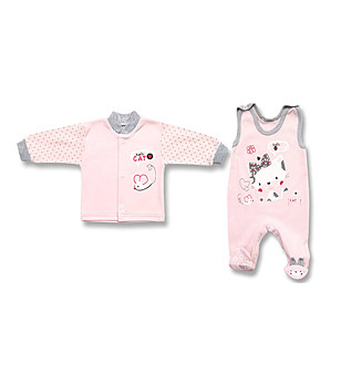 Бебешки комплект от блуза и гащеризон в розово и сиво снимка