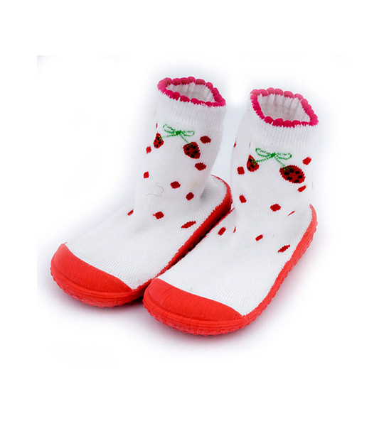 Детски обувки за прохождане тип атипас в бяло и червено с гумена подметка снимка