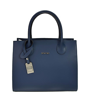 Ефектна кожена дамска чанта в синьо с контрастни платки снимка