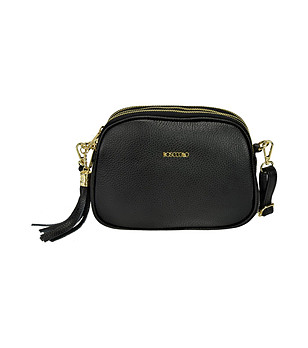 Малка дамска чанта в черен цвят с пискюл снимка