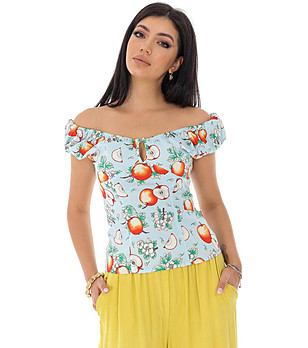 Светлосиня памучна дамска блуза с принт Olina снимка