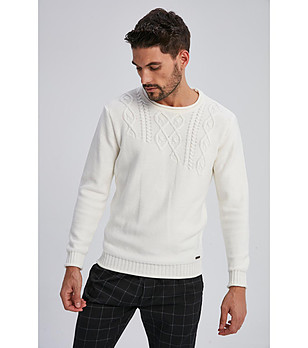 Мъжки пуловер в цвят екрю James с памук снимка