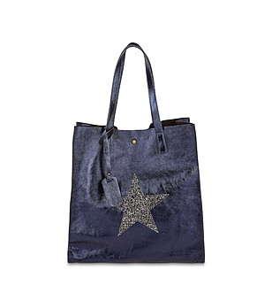 Синя кожена дамска чанта с несесер Star снимка