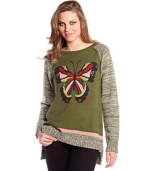 Зелен дамски плетен пуловер с пеперуда Brandy снимка