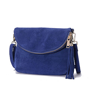 Синя дамска велурена чанта за рамо снимка
