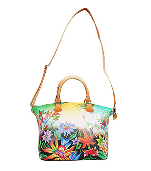 Дамска кожена многоцветна чанта с флорални мотиви Lina снимка