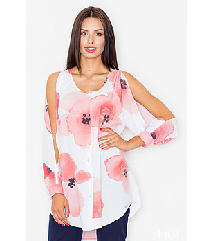 Дамска бяла блуза с розови флорални мотиви Trish снимка