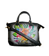 Черна кожена дамска чанта с флорални мотиви-4 снимка