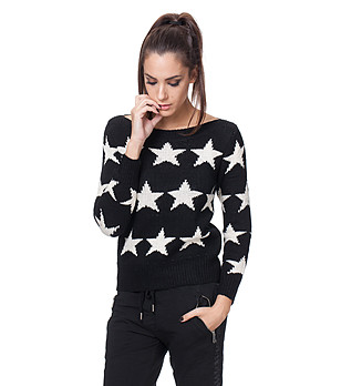 Черен дамски пуловер на бели звезди Abra снимка