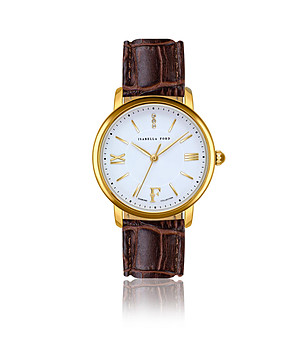 Златист дамски часовник с бял циферблат и кафява каишка Selene снимка