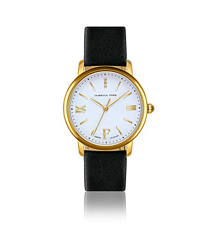 Златист дамски часовник с бял циферблат и черна каишка Selene снимка