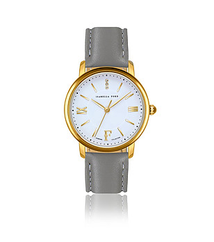 Златист дамски часовник с бял циферблат и сива каишка Selene снимка