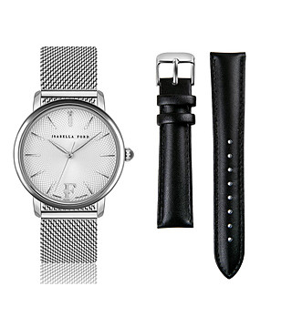 Сребрист дамски часовник с черна допълнителна каишка Adore снимка