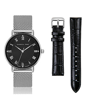Сребрист дамски часовник с допълнителна каишка в черно Désirée снимка