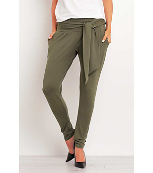Дамски панталон в цвят маслина с връзки Kelly снимка