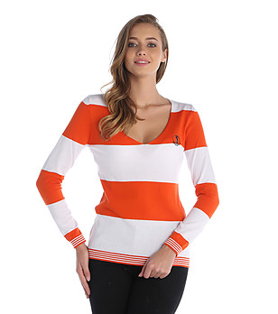 Памучен дамски пуловер в оранжево и цвят екрю Positano снимка