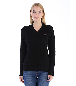 Черен памучен дамски пуловер с плетеници Slice снимка