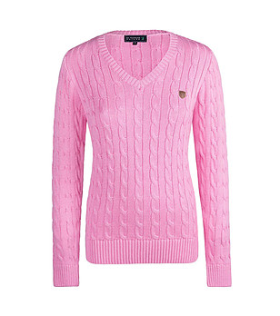 Розов памучен дамски пуловер с плетеници Slice снимка