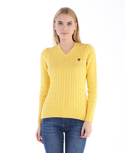 Жълт памучен дамски пуловер с плетеници Slice снимка