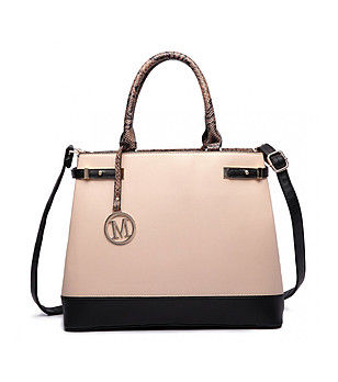 Бежова дамска чанта с контрастни елементи снимка