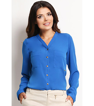 Дамска синя риза с джобове Sisi снимка