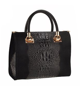 Черна кожена чанта с релефни елементи Arabella снимка