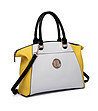 Дамска чанта в бяло и жълто с кръгъл елемент-0 снимка