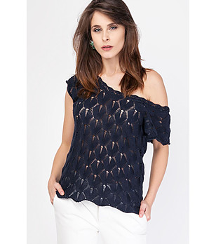 Тъмносиня дамска блуза с ажурена плетка Desire снимка