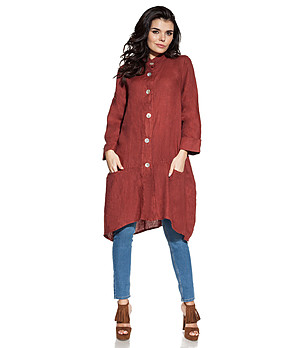 Ленена рокля в тъмночервено с копчета Johanna снимка