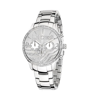 Кръгъл сребрист дамски часовник с кристали снимка