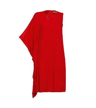 Червена ефектна рокля с асиметричнен дизайн снимка