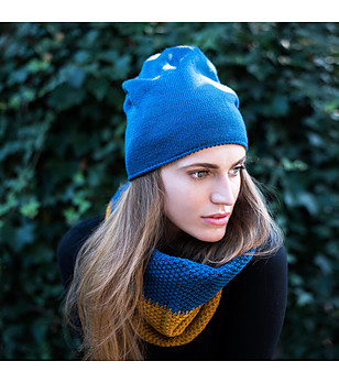 Комплект от шал снуд и шапка в синьо и цвят горчица снимка