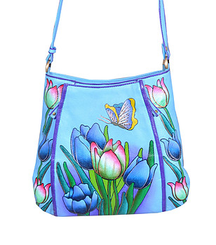 Синя ръчно рисувана кожена чанта с флорални мотиви Zena снимка