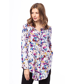 Дълга риза в цвят екрю с флорален принт в лилаво Reli снимка